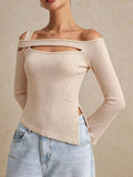 Side Slit Cutout Ribbed Long Sleeve T-Shirt - TheMomCo.