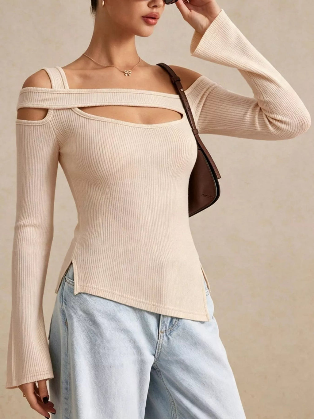 Side Slit Cutout Ribbed Long Sleeve T-Shirt - TheMomCo.