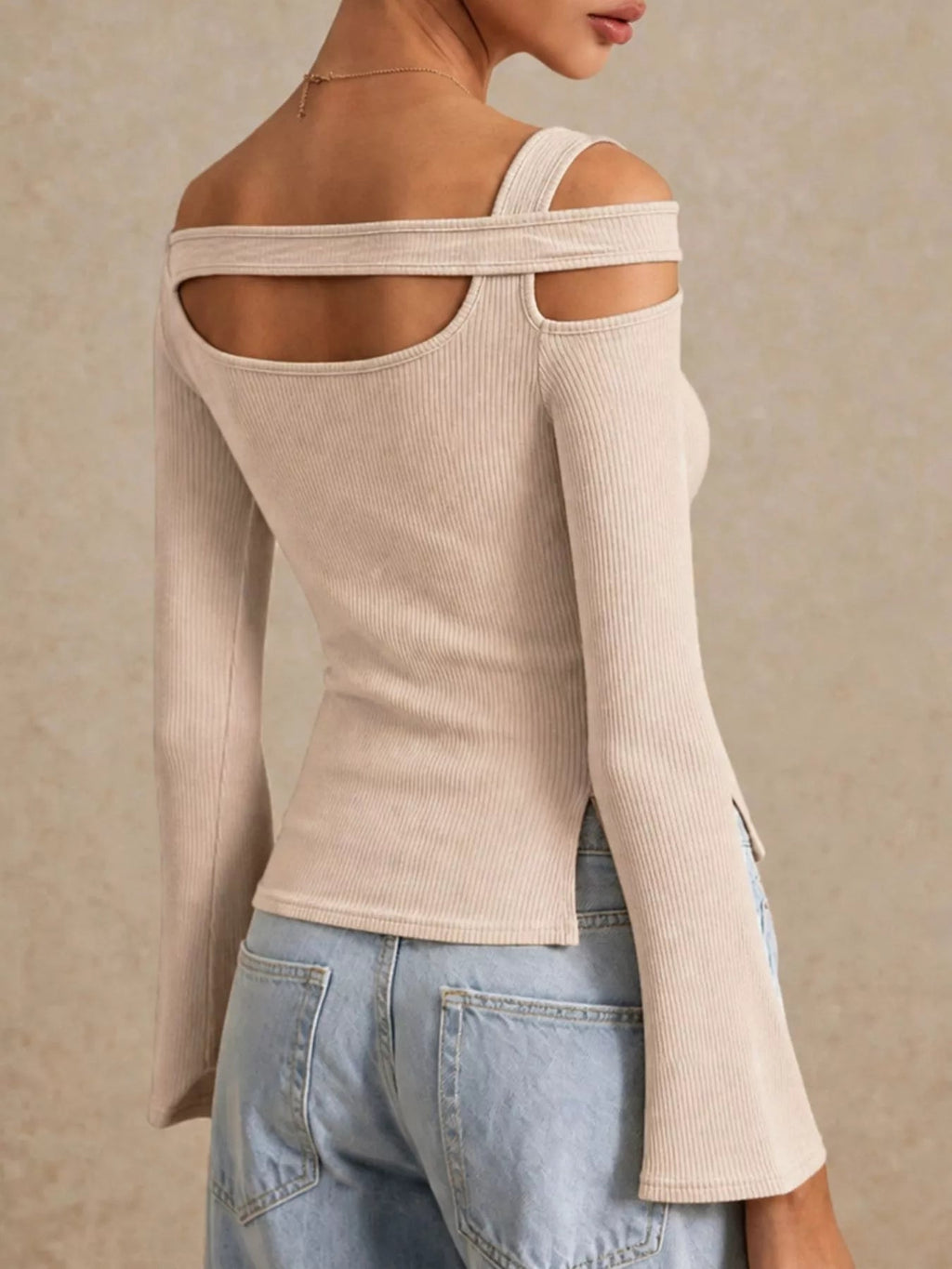 Side Slit Cutout Ribbed Long Sleeve T-Shirt - TheMomCo.
