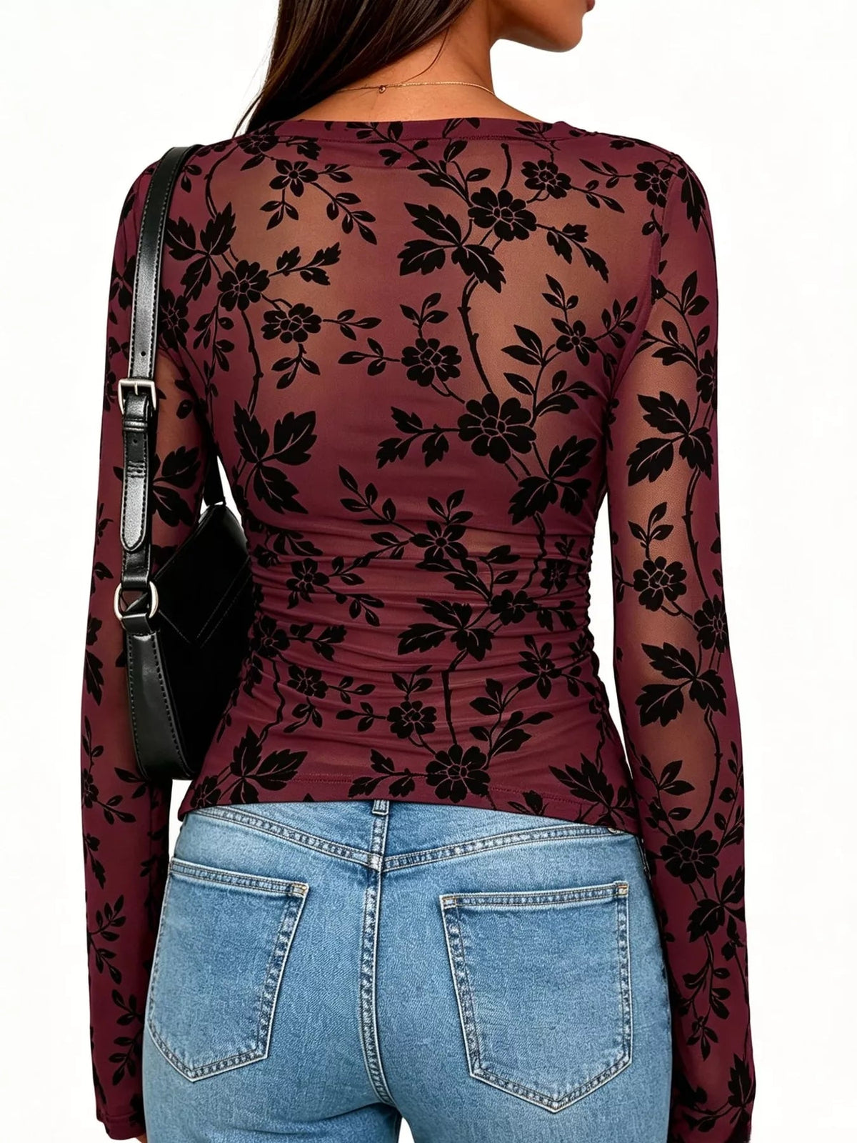 Slim Fit Floral Print Long Sleeve Top - TheMomCo.