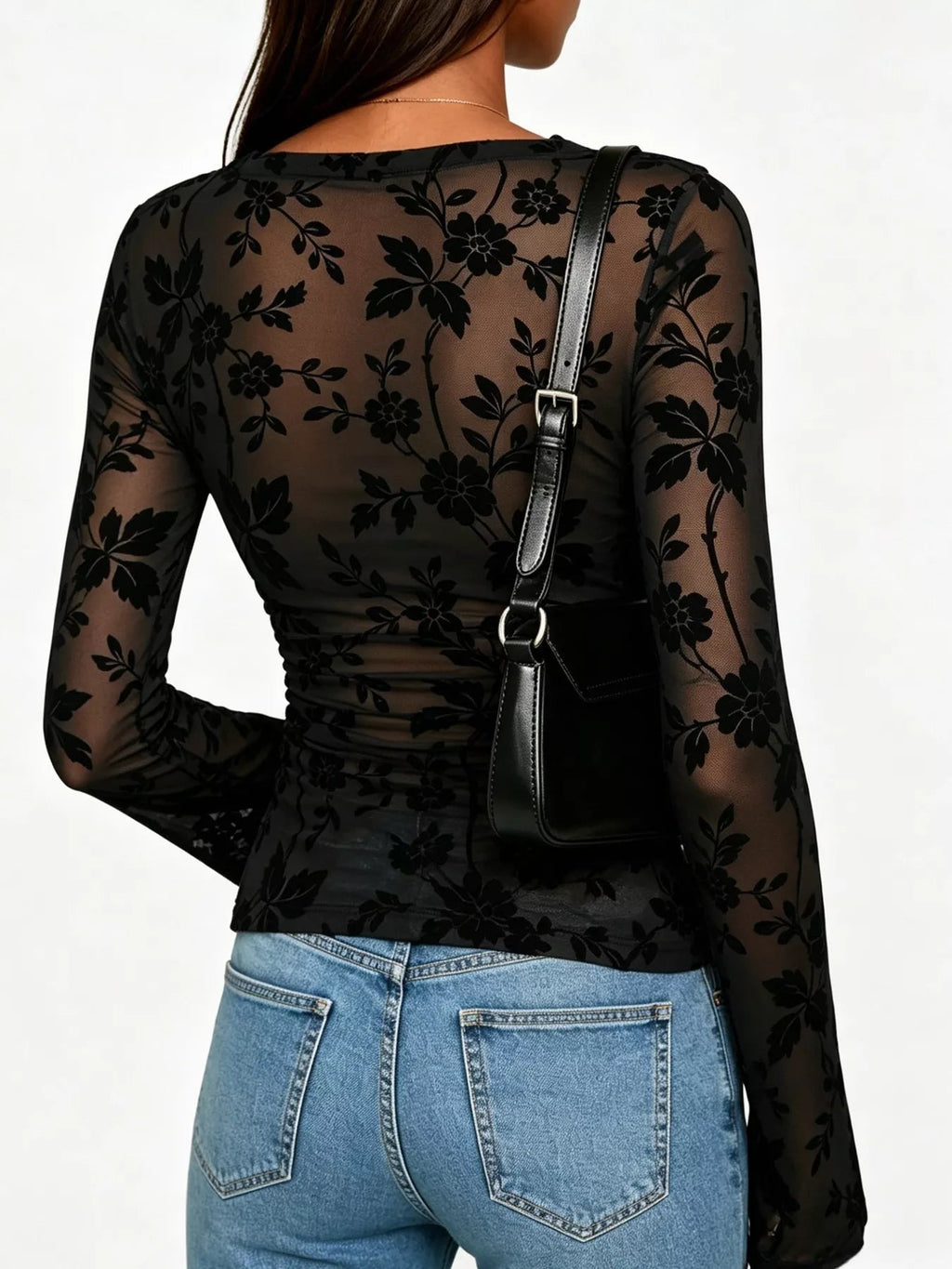 Slim Fit Floral Print Long Sleeve Top - TheMomCo.