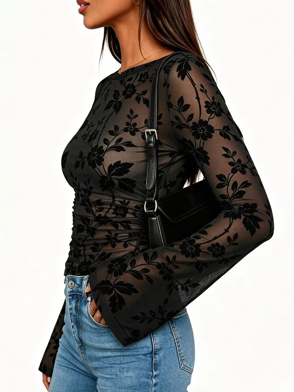 Slim Fit Floral Print Long Sleeve Top - TheMomCo.