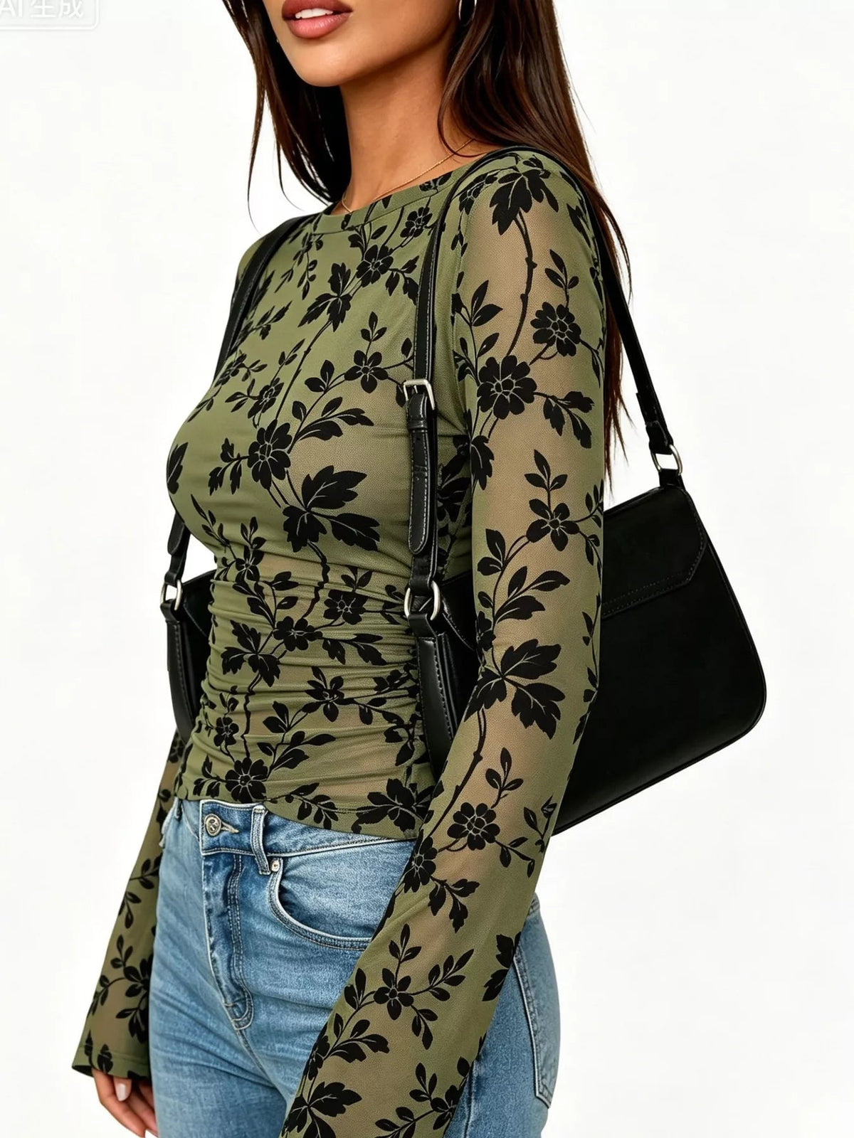 Slim Fit Floral Print Long Sleeve Top - TheMomCo.