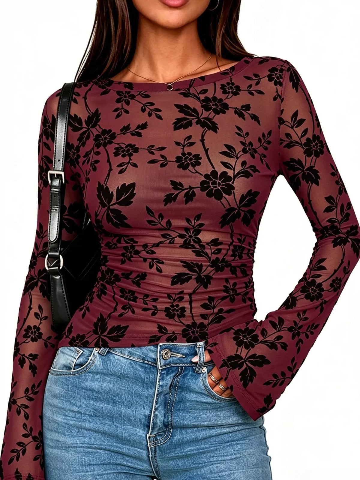 Slim Fit Floral Print Long Sleeve Top - TheMomCo.