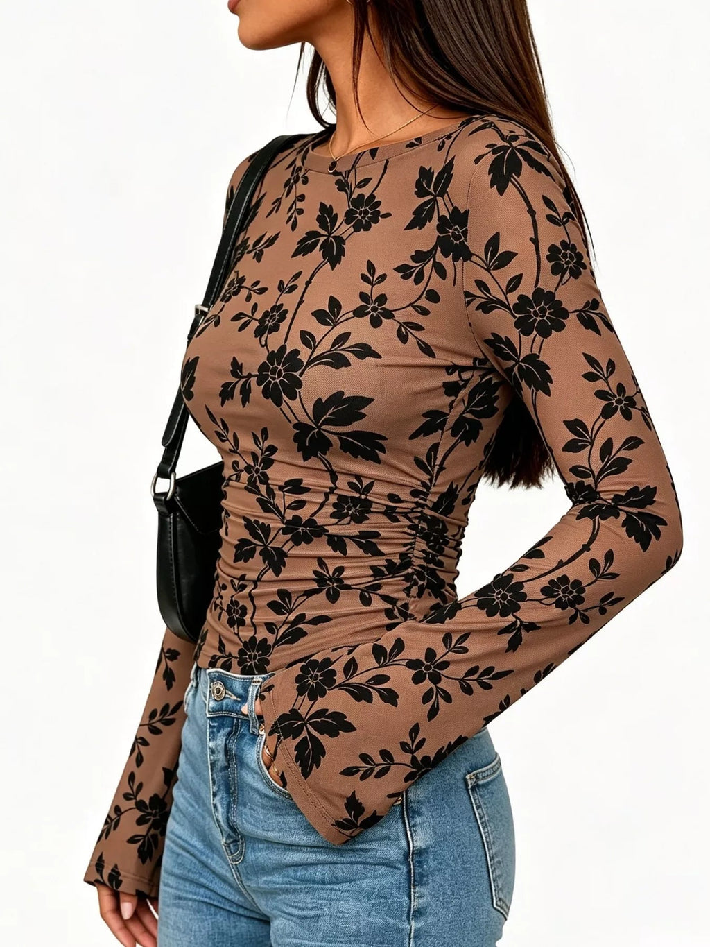 Slim Fit Floral Print Long Sleeve Top - TheMomCo.