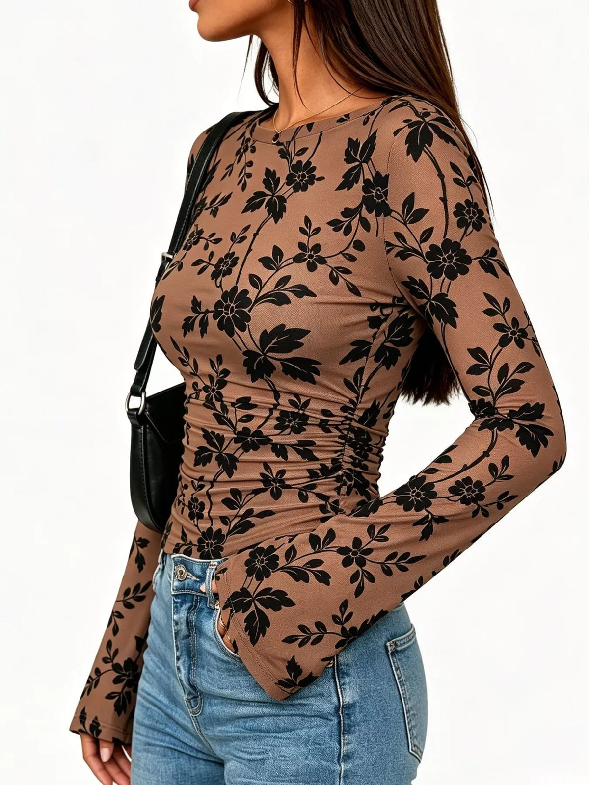 Slim Fit Floral Print Long Sleeve Top - TheMomCo.
