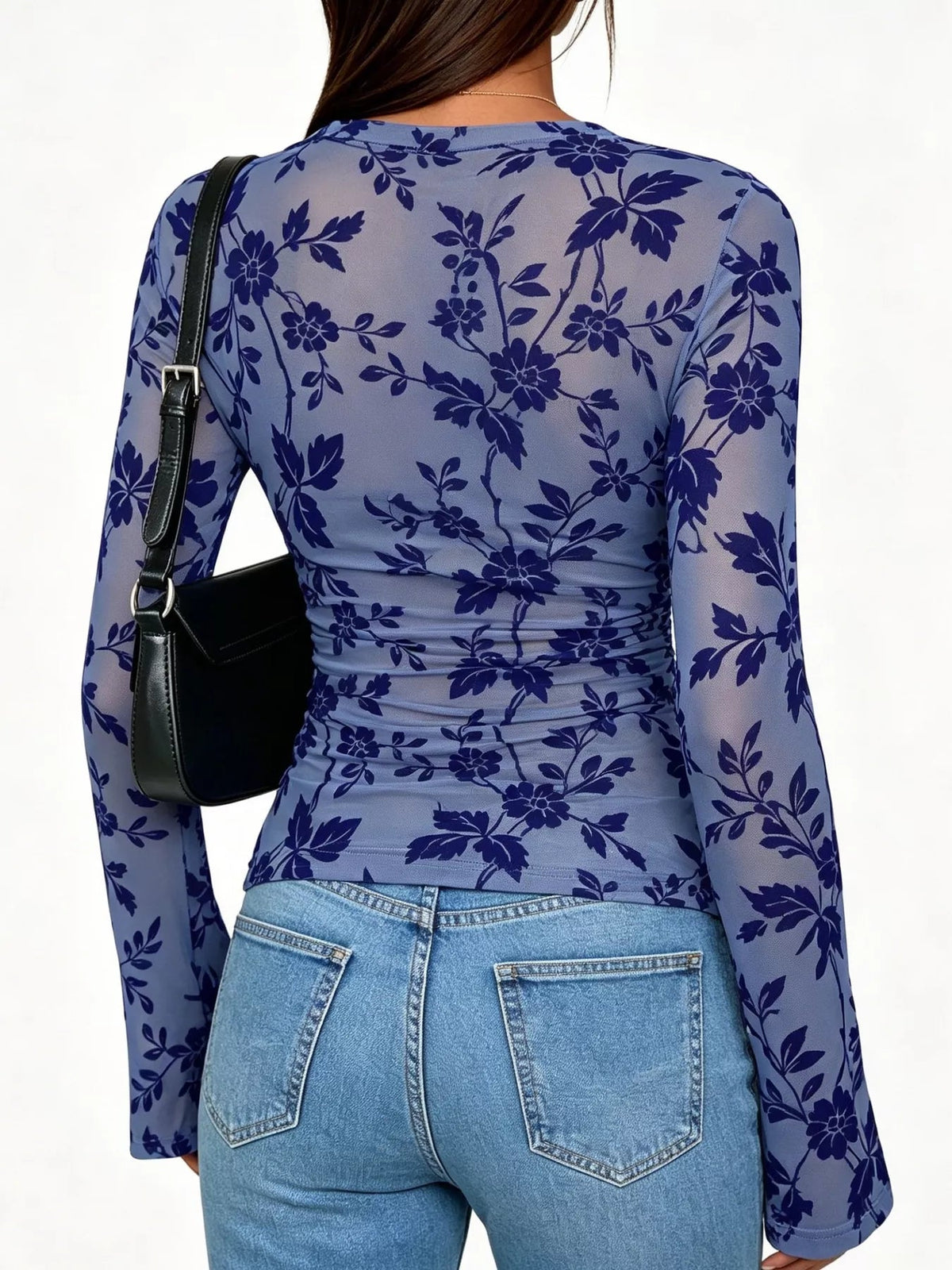Slim Fit Floral Print Long Sleeve Top - TheMomCo.