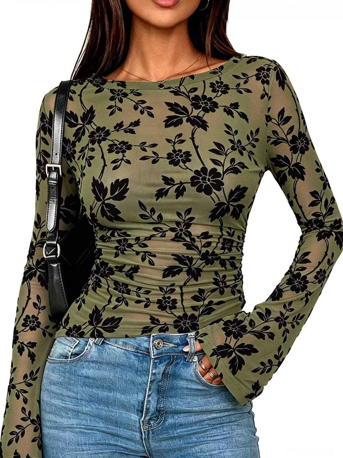 Slim Fit Floral Print Long Sleeve Top - TheMomCo.