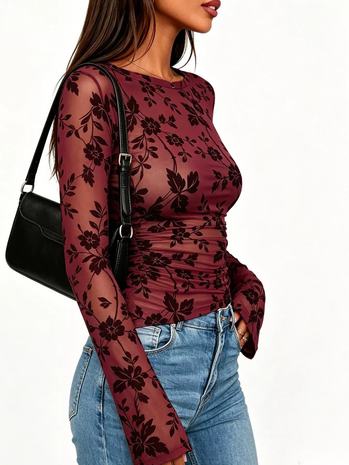 Slim Fit Floral Print Long Sleeve Top - TheMomCo.
