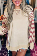 Slit Striped Long Sleeve Sweatshirt - TheMomCo.