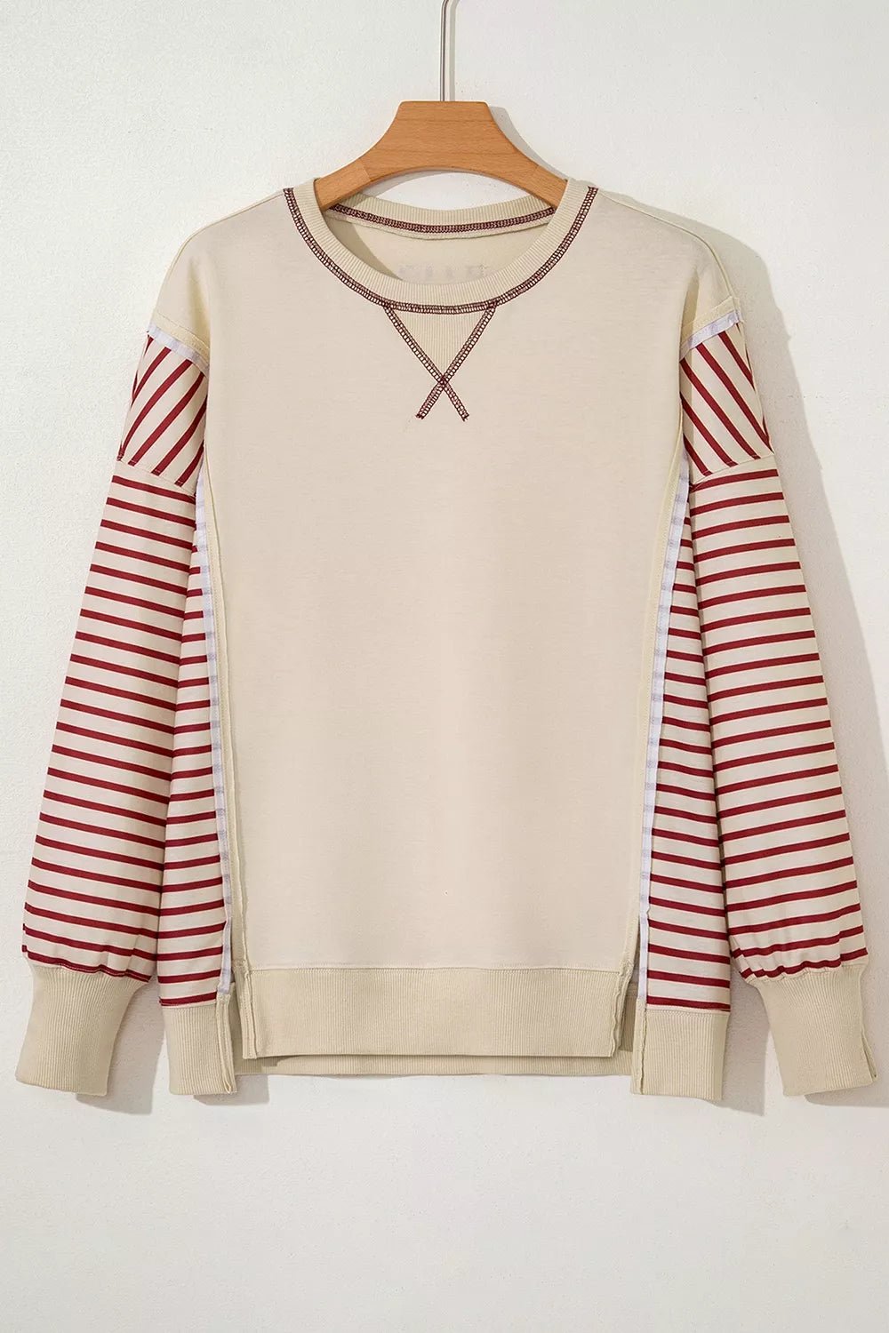 Slit Striped Long Sleeve Sweatshirt - TheMomCo.