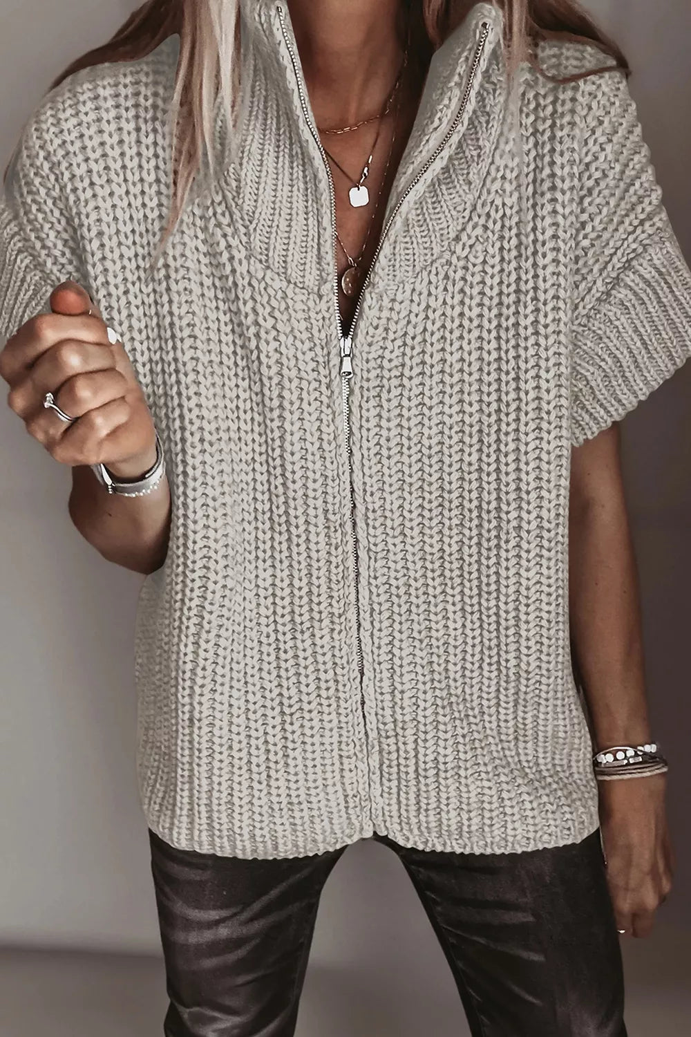 Solid Color Short Sleeve Zipper Knit High Neck Sweater - TheMomCo.