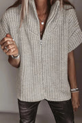 Solid Color Short Sleeve Zipper Knit High Neck Sweater - TheMomCo.