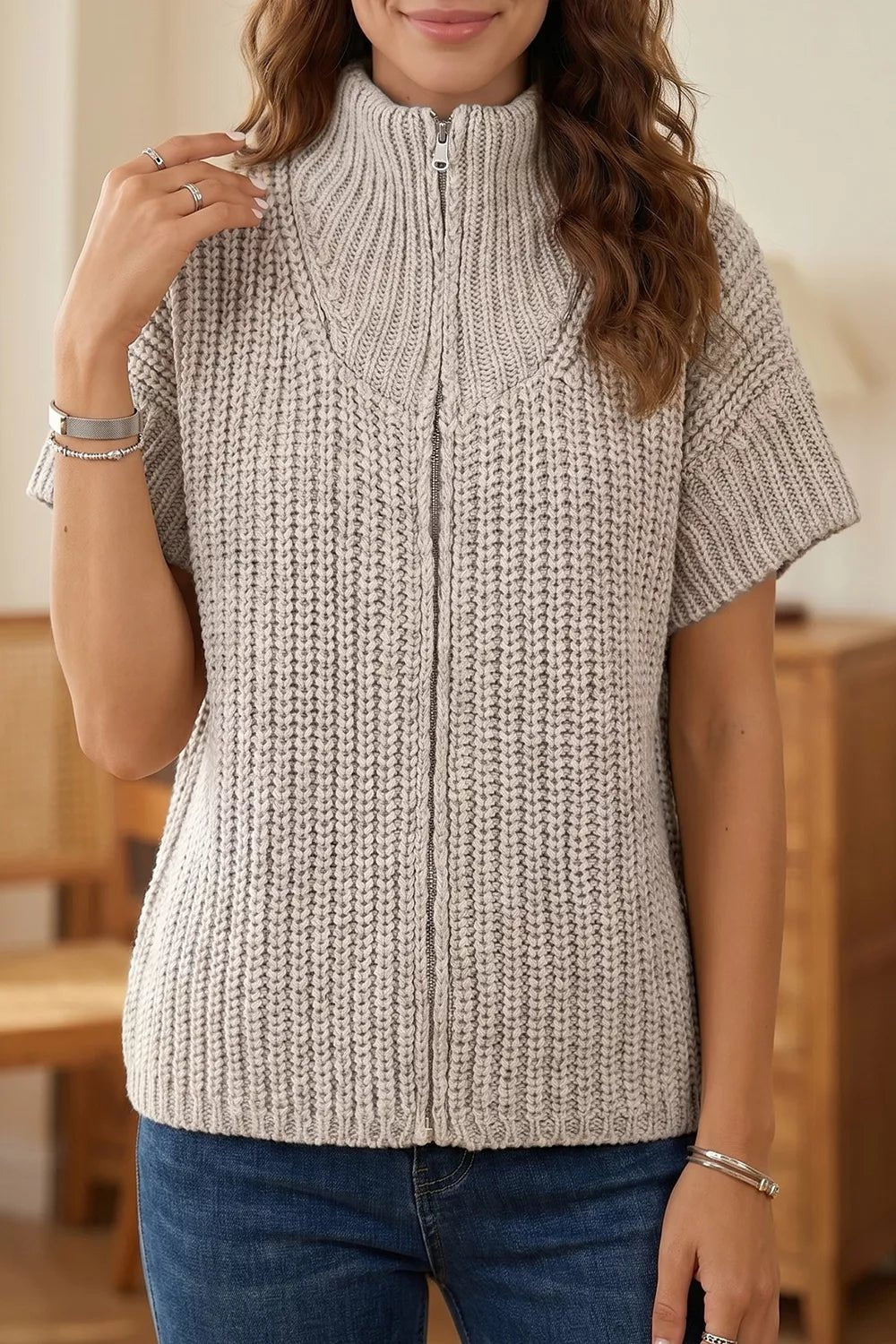 Solid Color Short Sleeve Zipper Knit High Neck Sweater - TheMomCo.