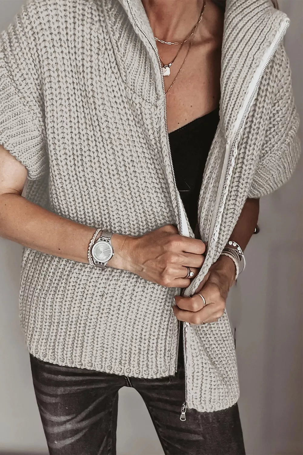 Solid Color Short Sleeve Zipper Knit High Neck Sweater - TheMomCo.