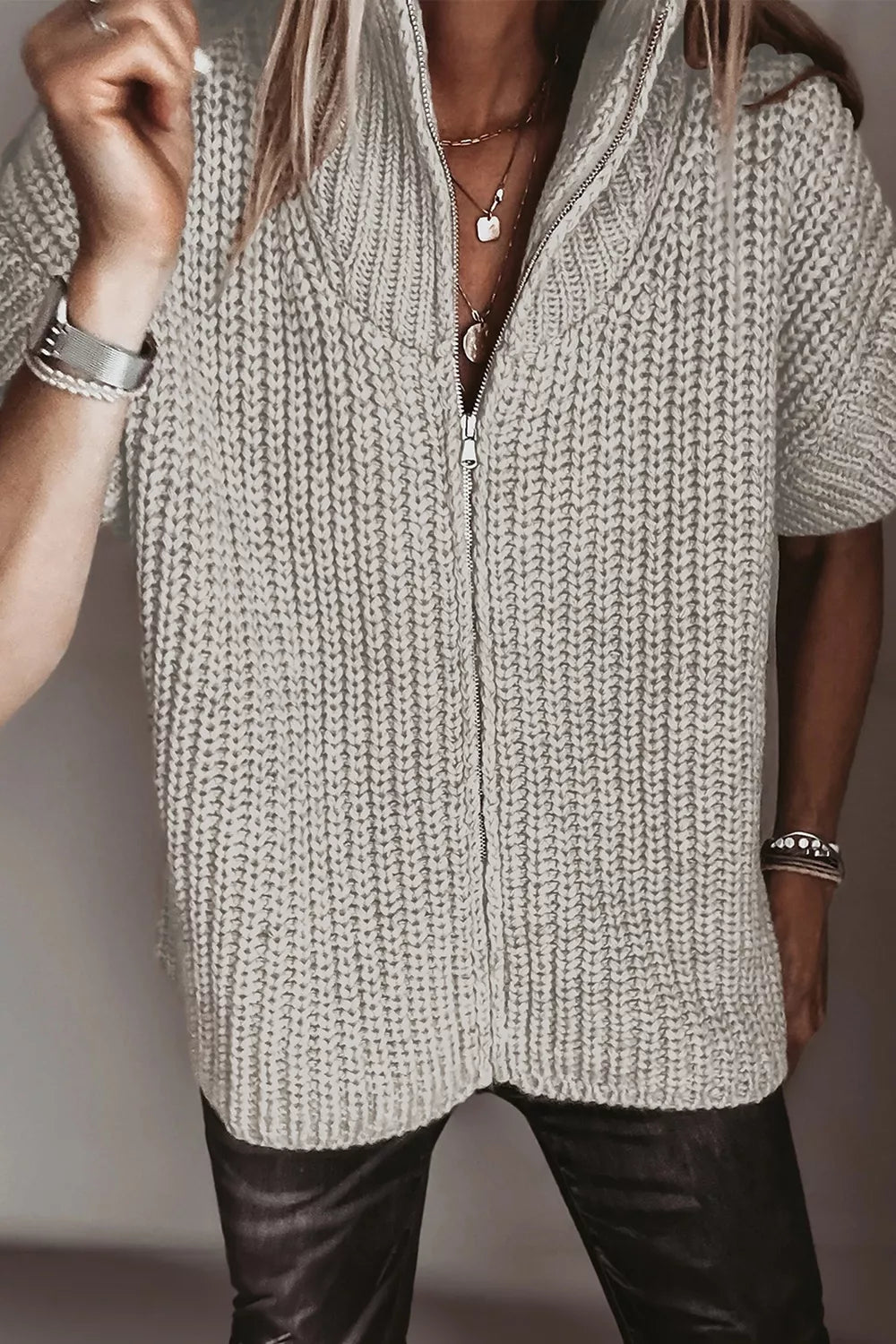 Solid Color Short Sleeve Zipper Knit High Neck Sweater - TheMomCo.