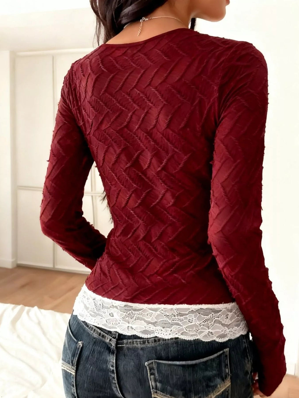 Square Neck Lace Trim Textured T-Shirt - TheMomCo.