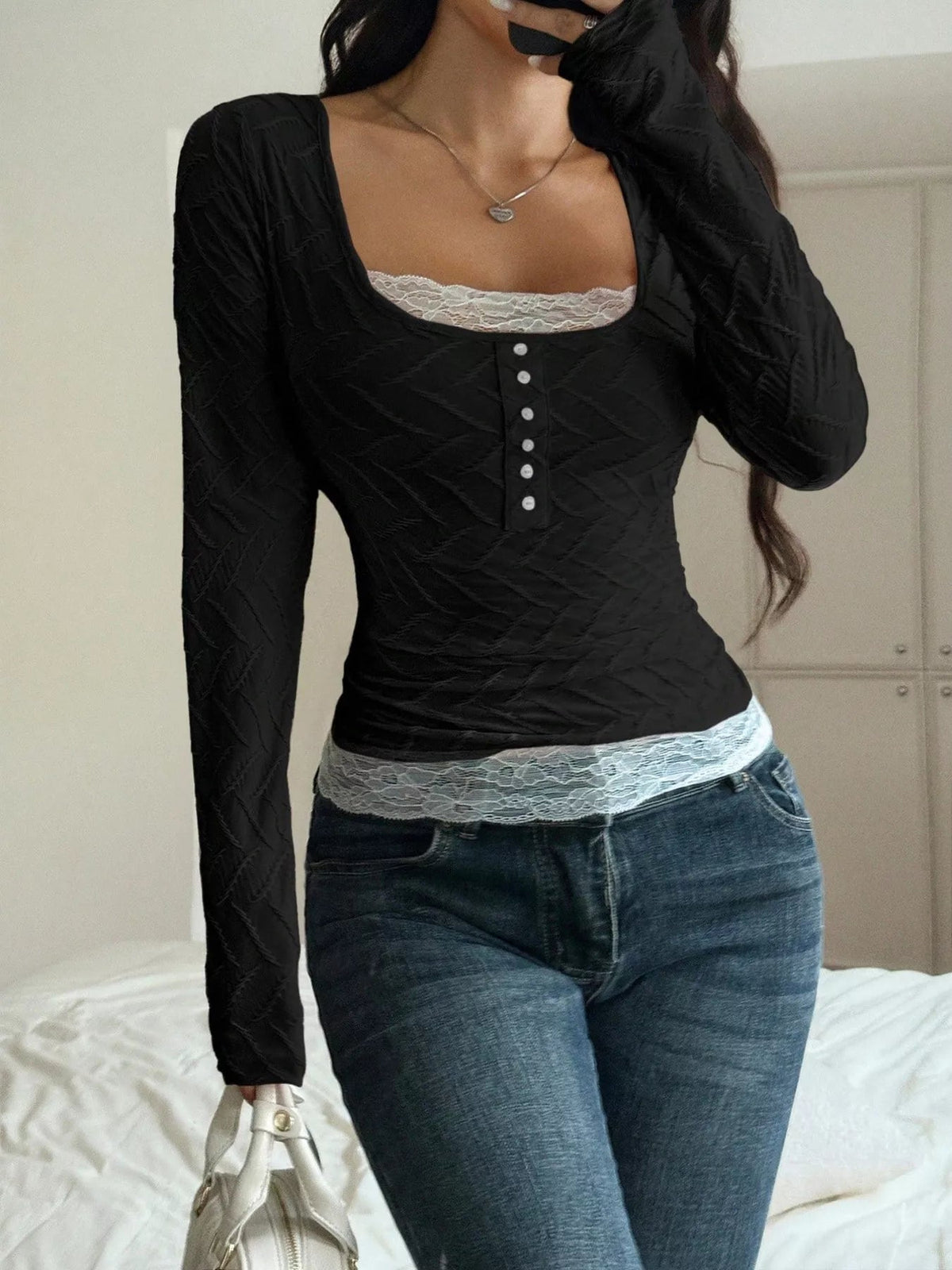 Square Neck Lace Trim Textured T-Shirt - TheMomCo.