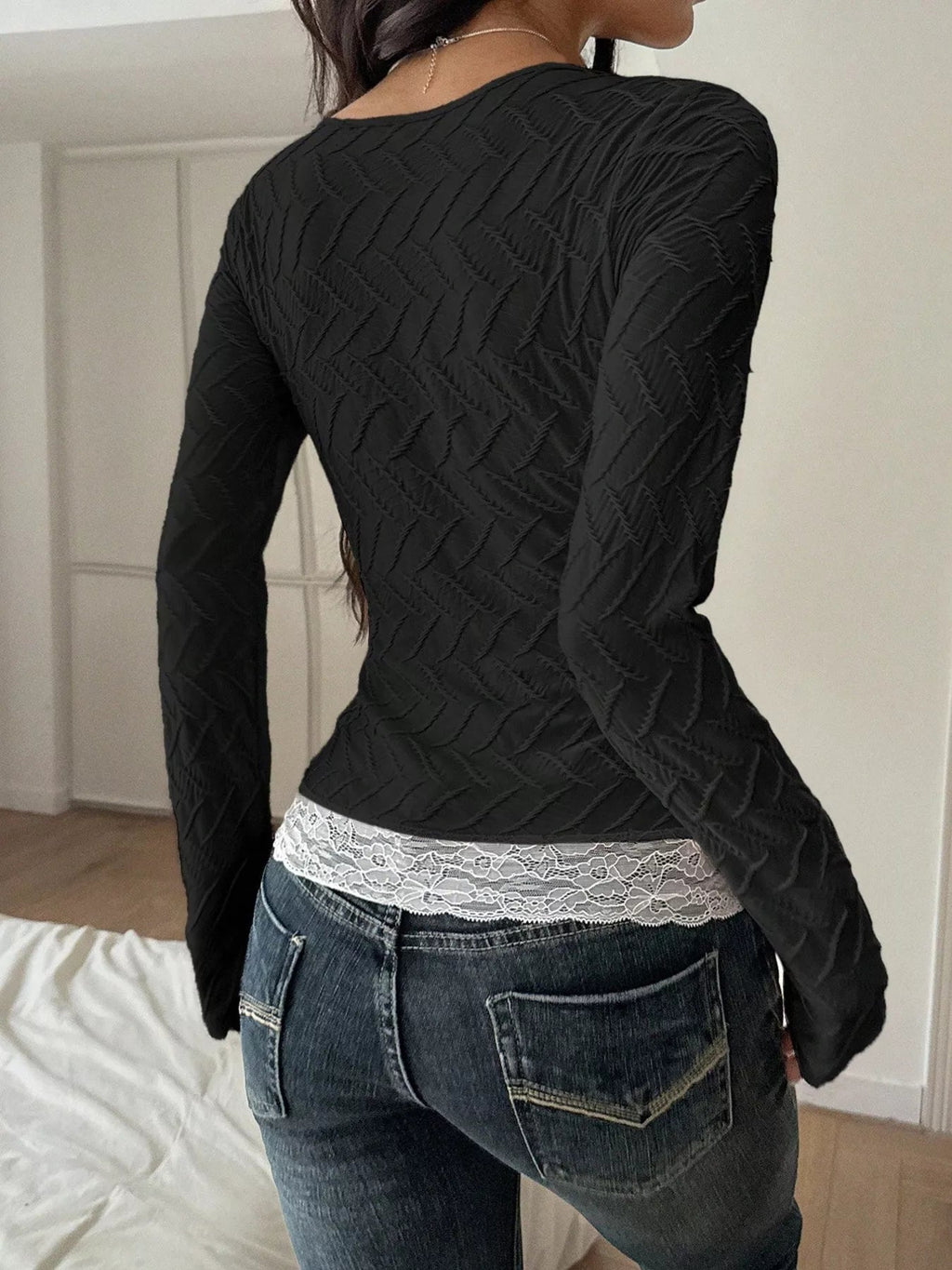 Square Neck Lace Trim Textured T-Shirt - TheMomCo.