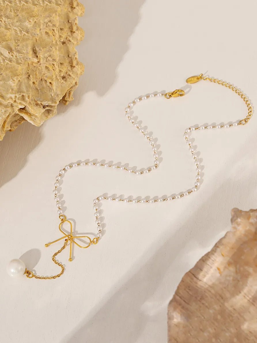 Stainless Steel Bow Pendant Necklace with Pearls - TheMomCo.