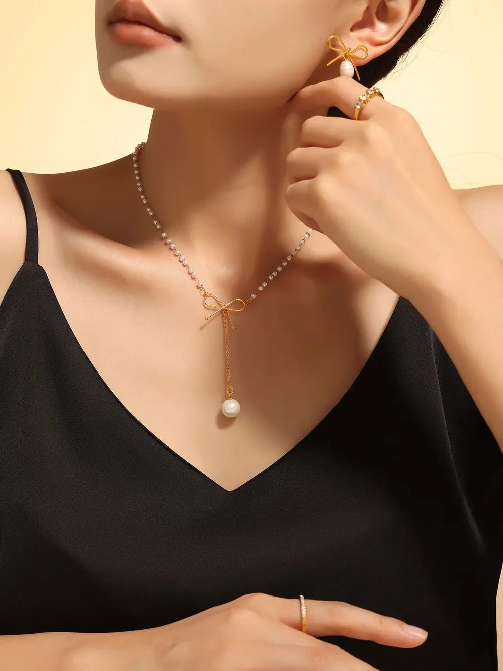 Stainless Steel Bow Pendant Necklace with Pearls - TheMomCo.