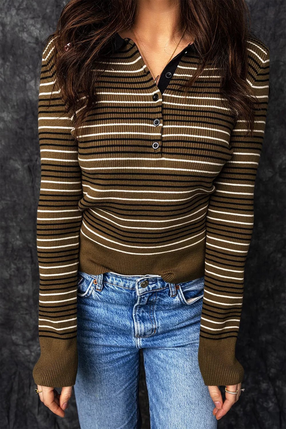 Stripe Striped Ribbed Knit Button Collar Sweater - TheMomCo.