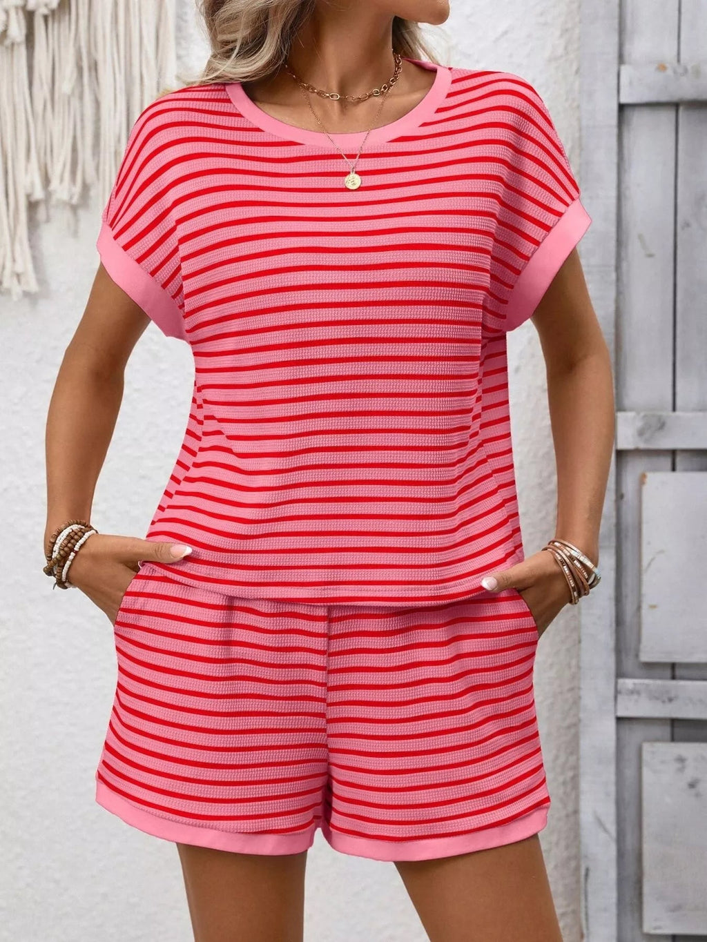 Striped Casual Round Neck Top and Shorts Set - TheMomCo.