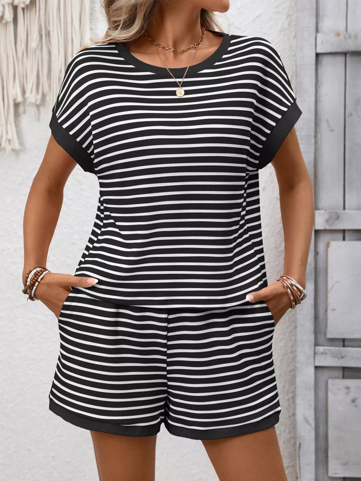 Striped Casual Round Neck Top and Shorts Set - TheMomCo.
