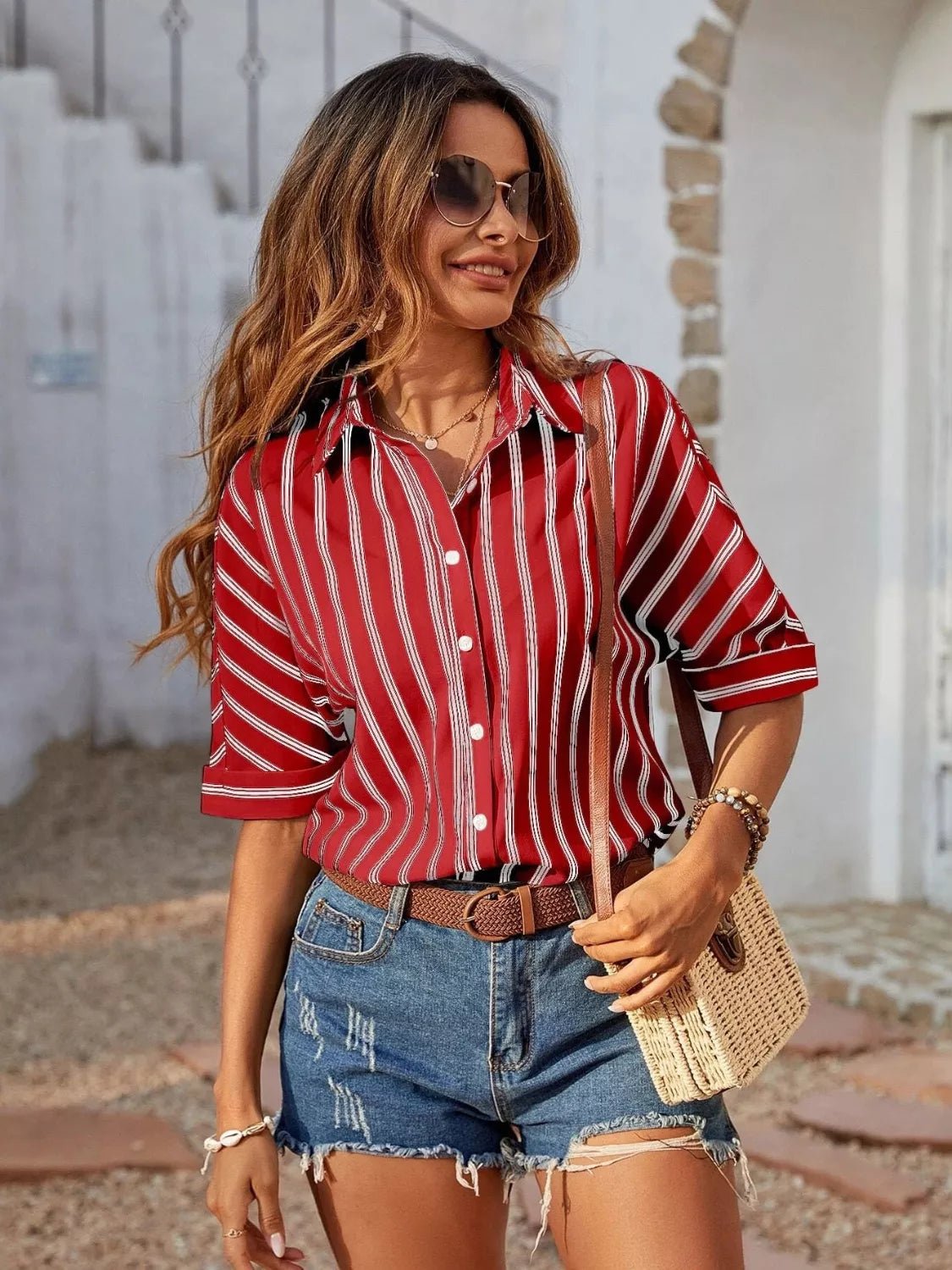 Striped Collared Neck Half Sleeve Shirt - TheMomCo.
