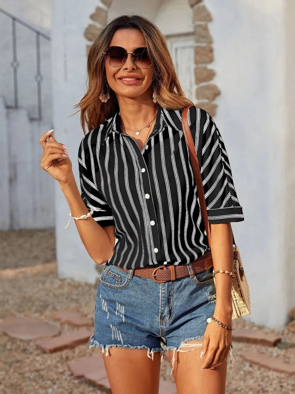 Striped Collared Neck Half Sleeve Shirt - TheMomCo.
