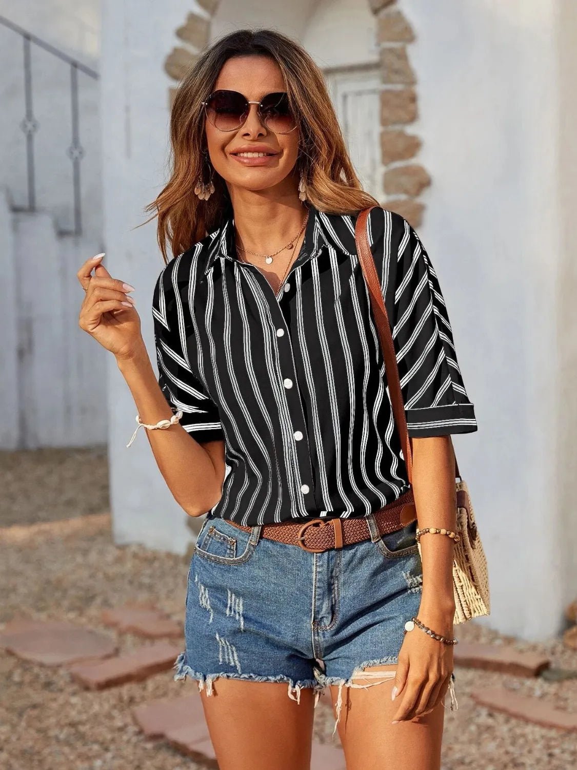 Striped Collared Neck Half Sleeve Shirt - TheMomCo.