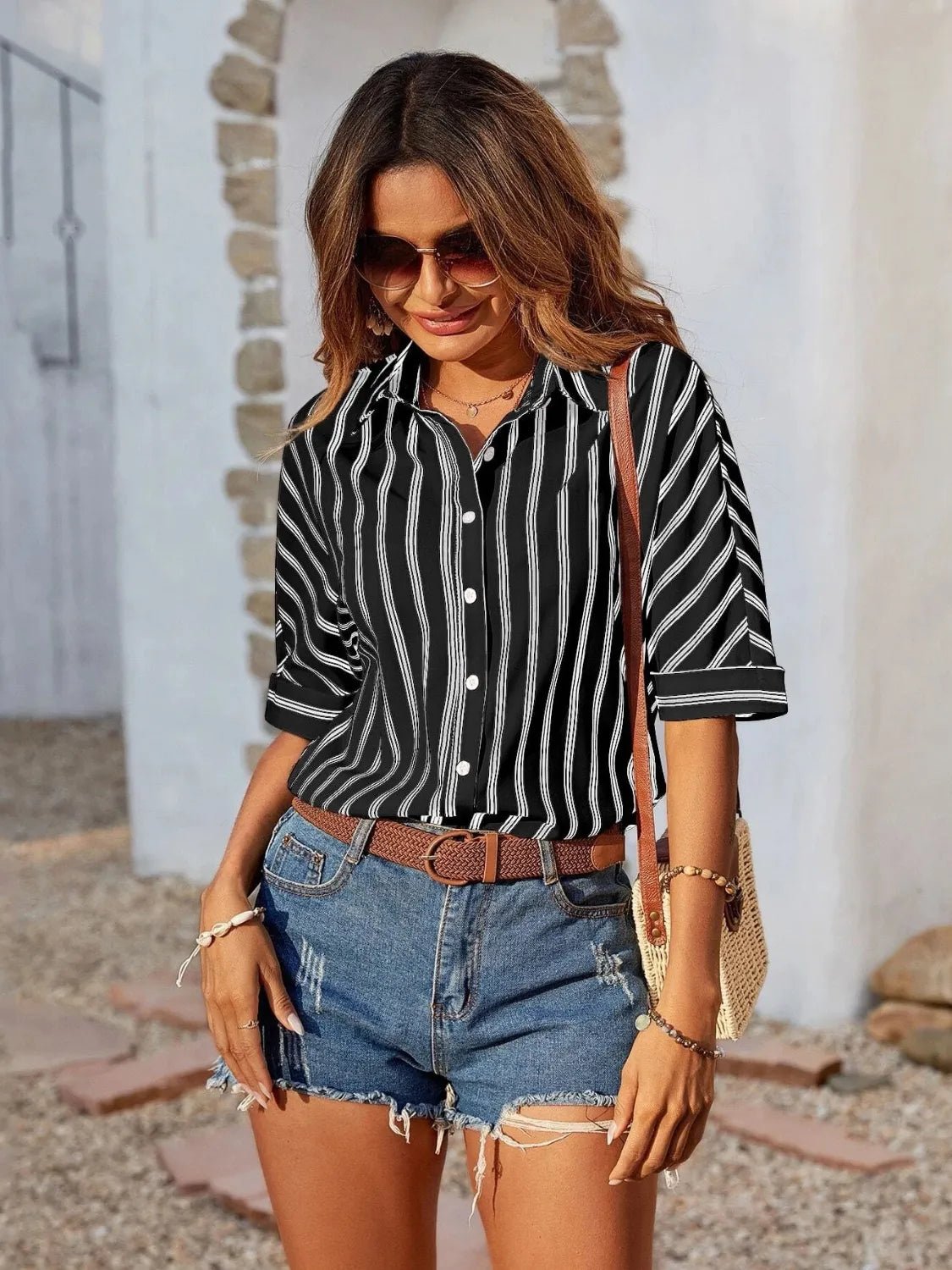 Striped Collared Neck Half Sleeve Shirt - TheMomCo.