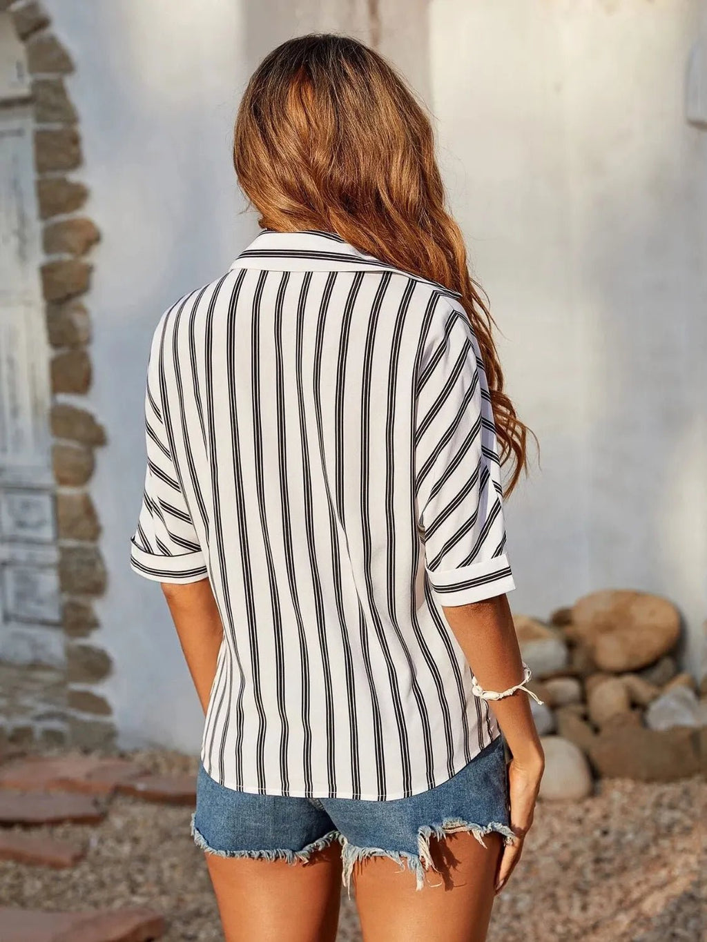Striped Collared Neck Half Sleeve Shirt - TheMomCo.