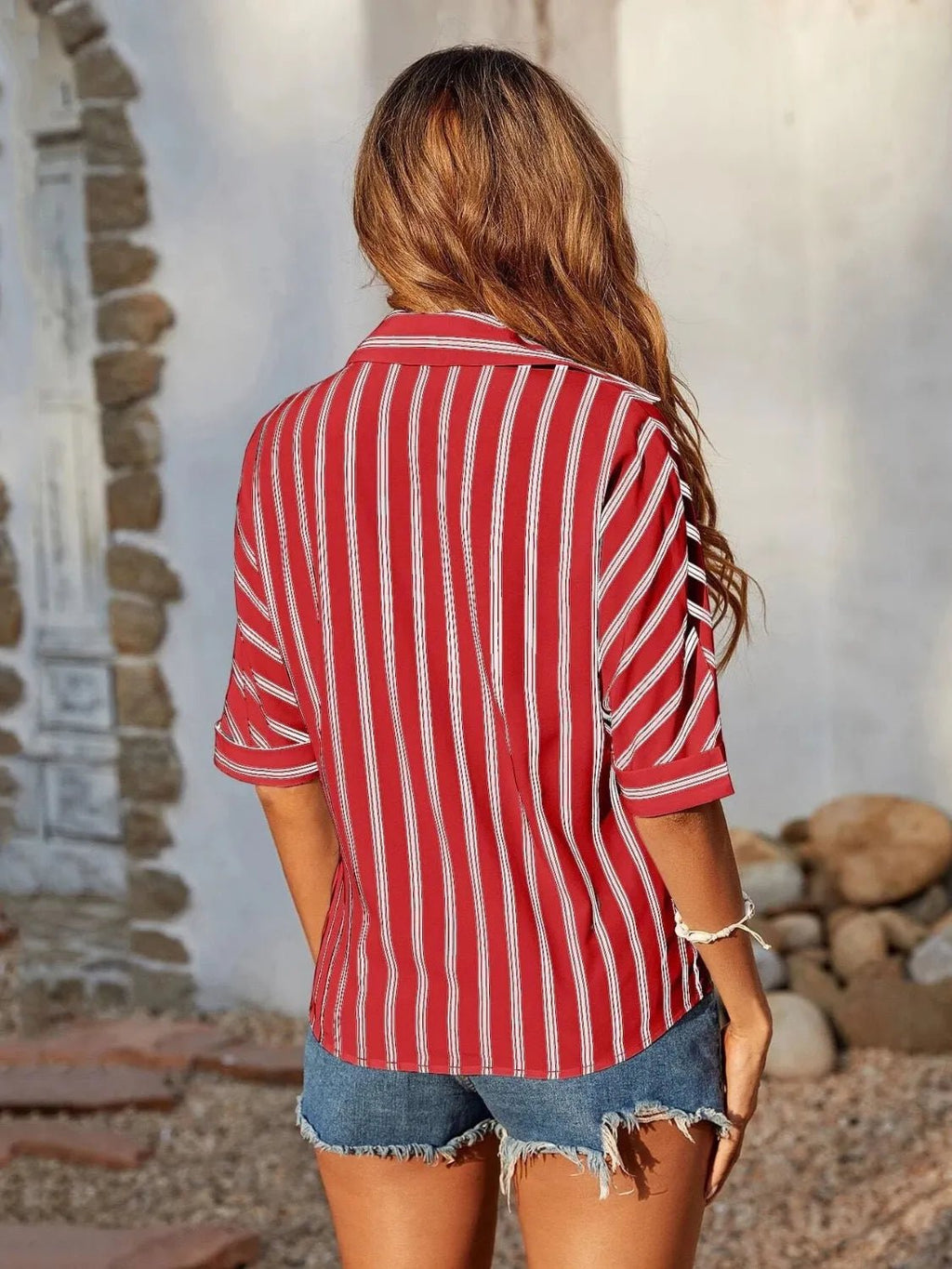 Striped Collared Neck Half Sleeve Shirt - TheMomCo.