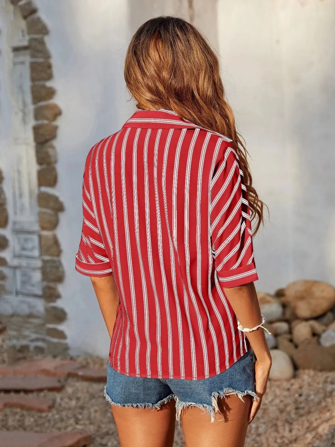 Striped Collared Neck Half Sleeve Shirt - TheMomCo.