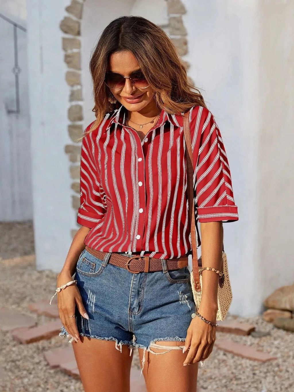 Striped Collared Neck Half Sleeve Shirt - TheMomCo.