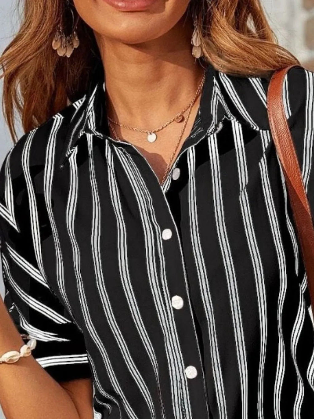 Striped Collared Neck Half Sleeve Shirt - TheMomCo.