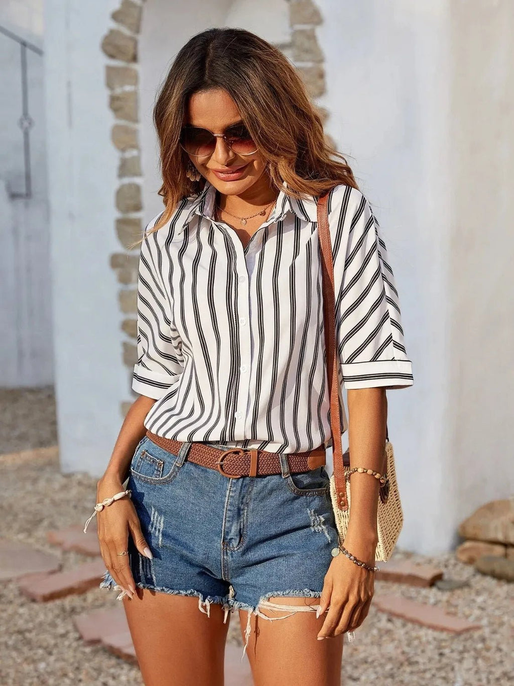 Striped Collared Neck Half Sleeve Shirt - TheMomCo.