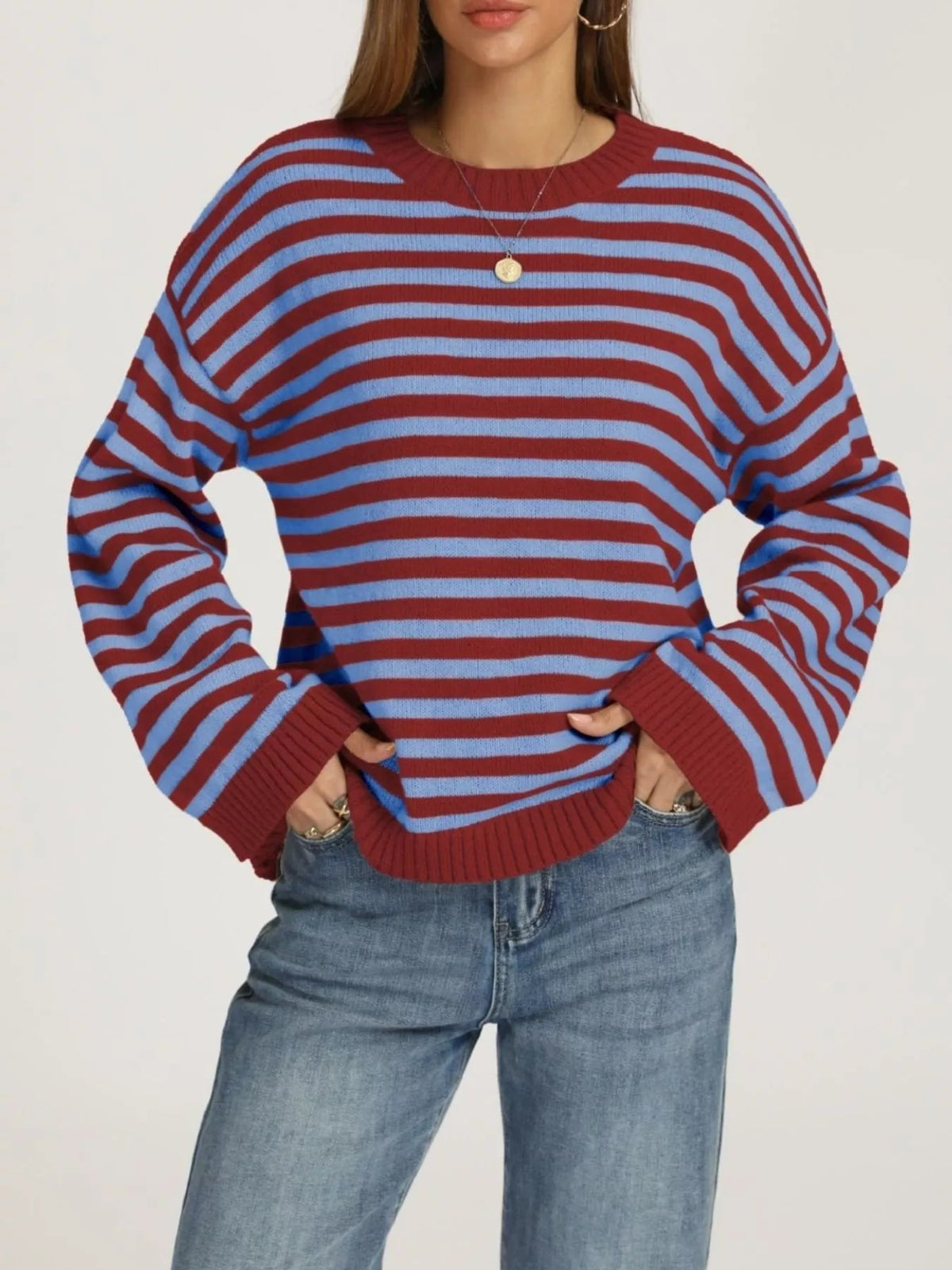 Striped Dropped Shoulder Sweater - TheMomCo.