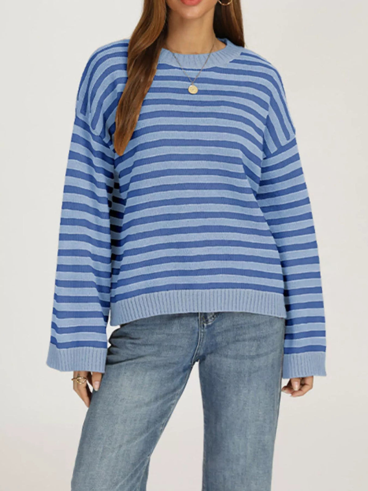 Striped Dropped Shoulder Sweater - TheMomCo.