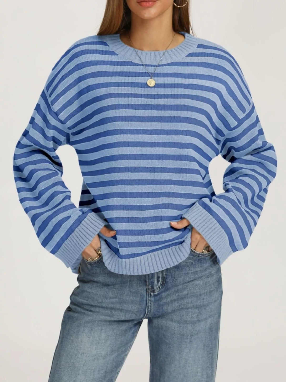 Striped Dropped Shoulder Sweater - TheMomCo.