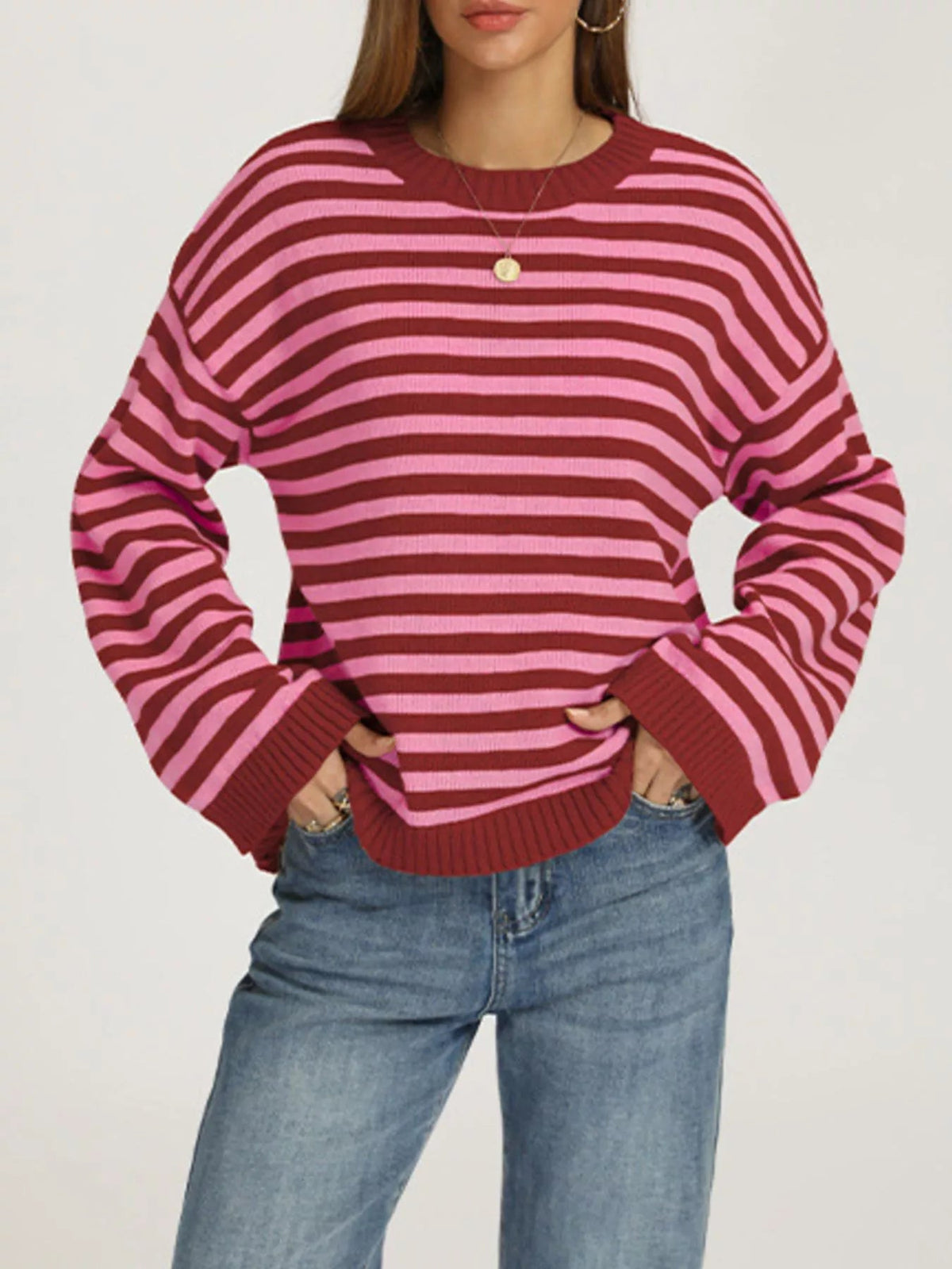 Striped Dropped Shoulder Sweater - TheMomCo.