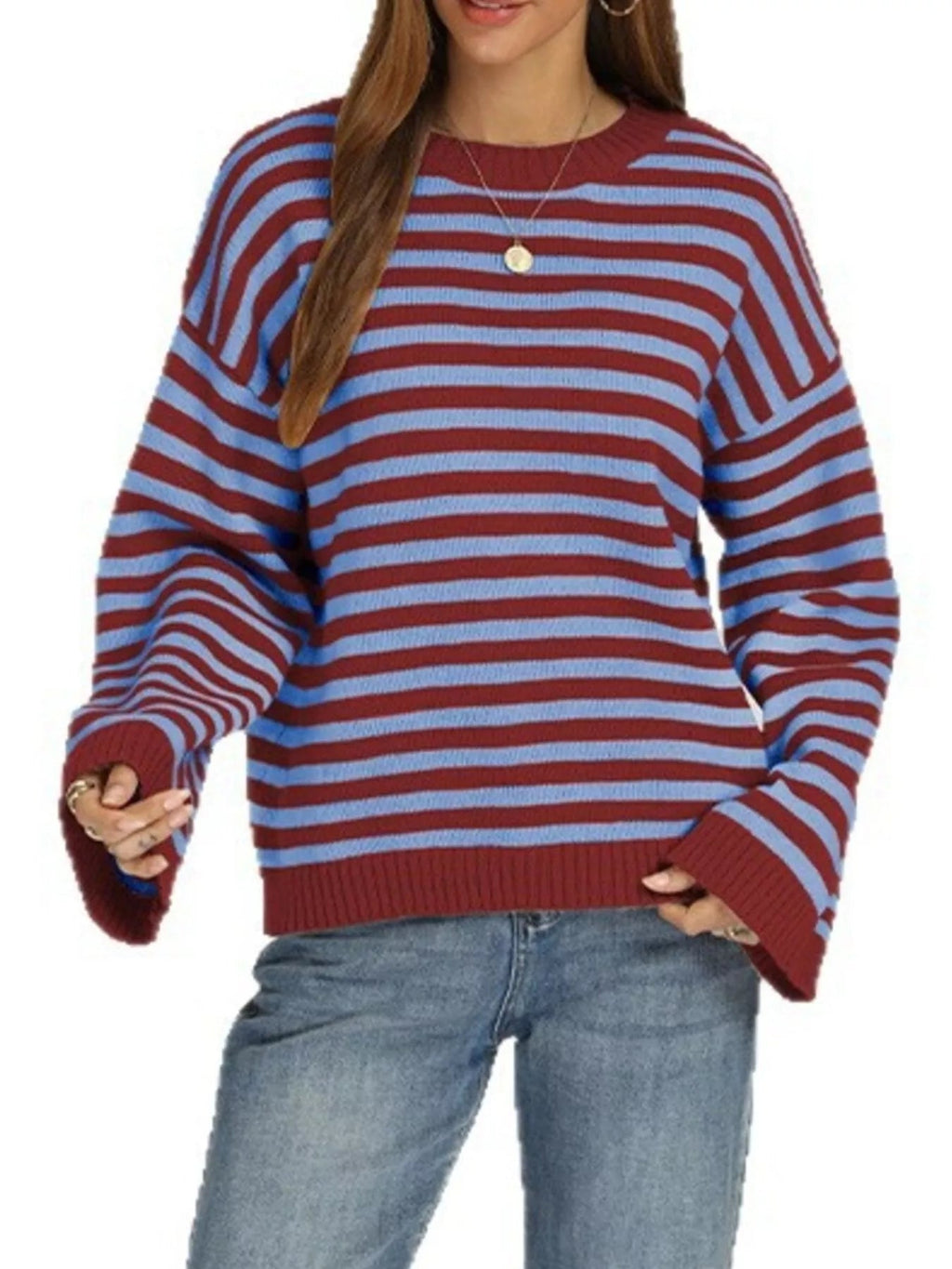 Striped Dropped Shoulder Sweater - TheMomCo.