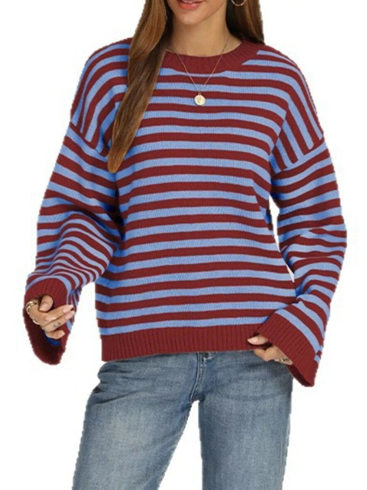Striped Dropped Shoulder Sweater - TheMomCo.