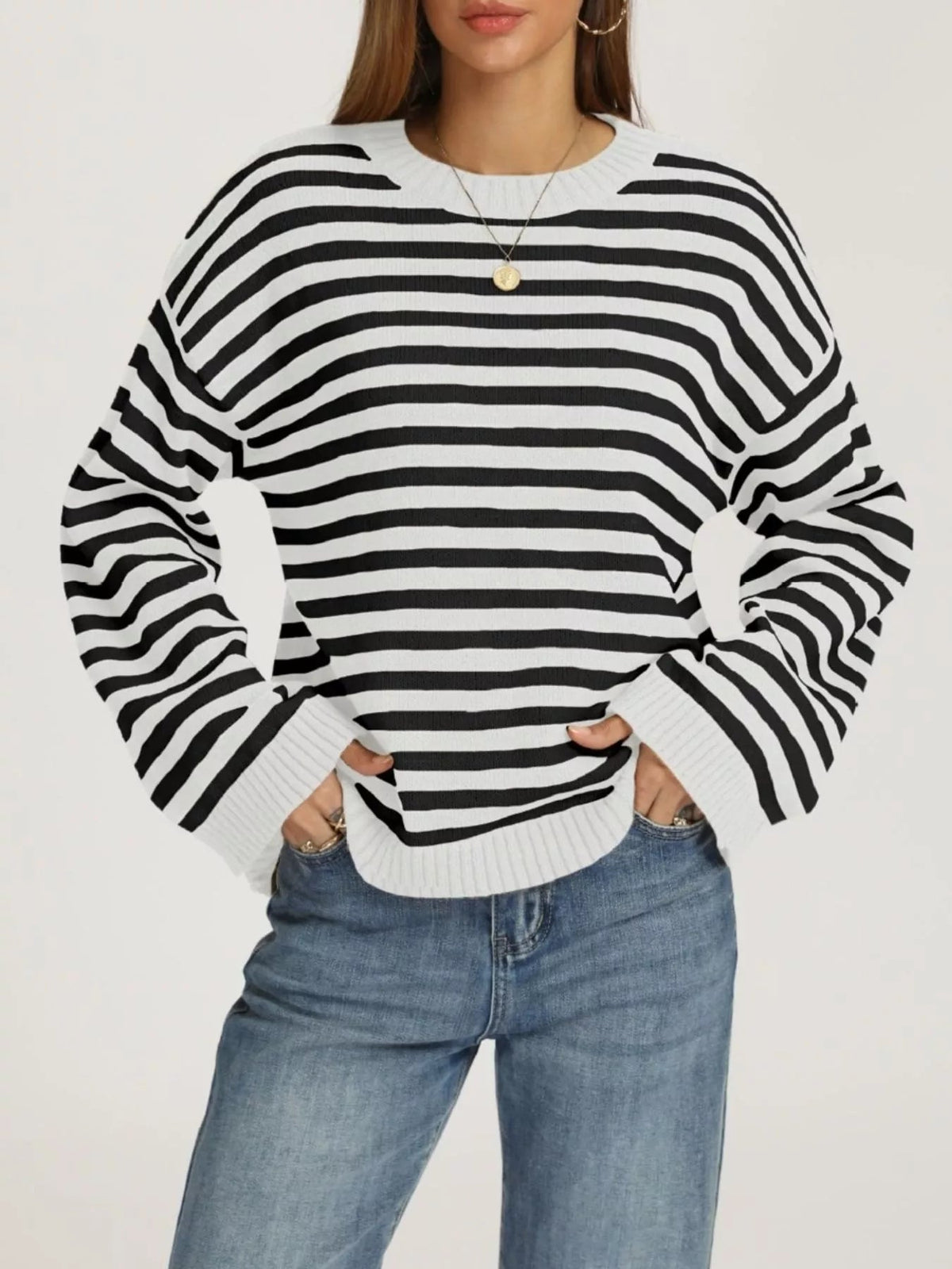 Striped Dropped Shoulder Sweater - TheMomCo.