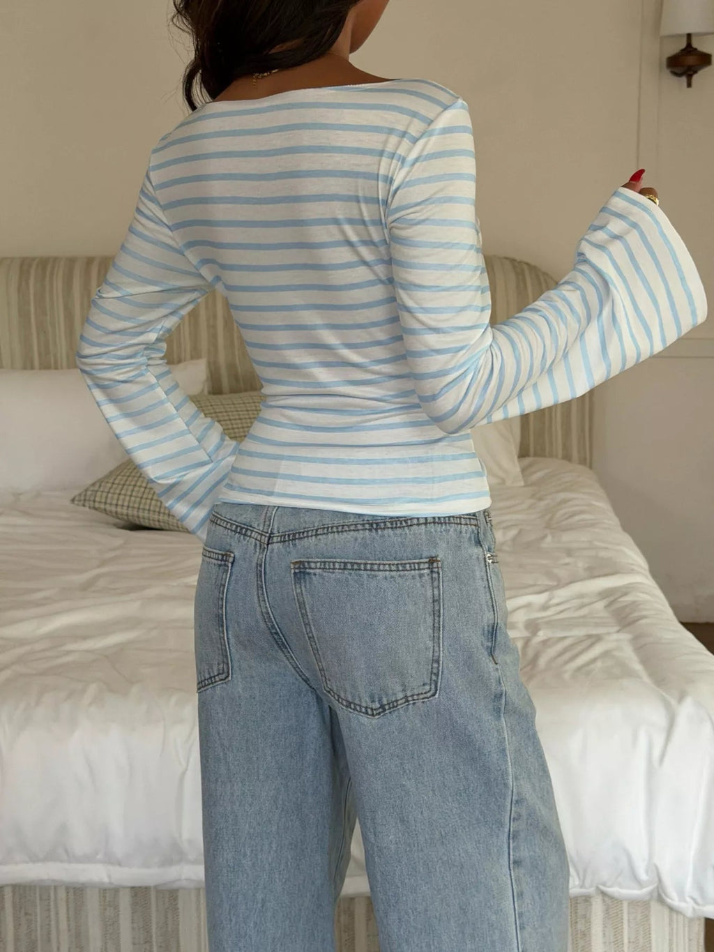 Striped Flare Sleeve Slim Fit T-Shirt - TheMomCo.