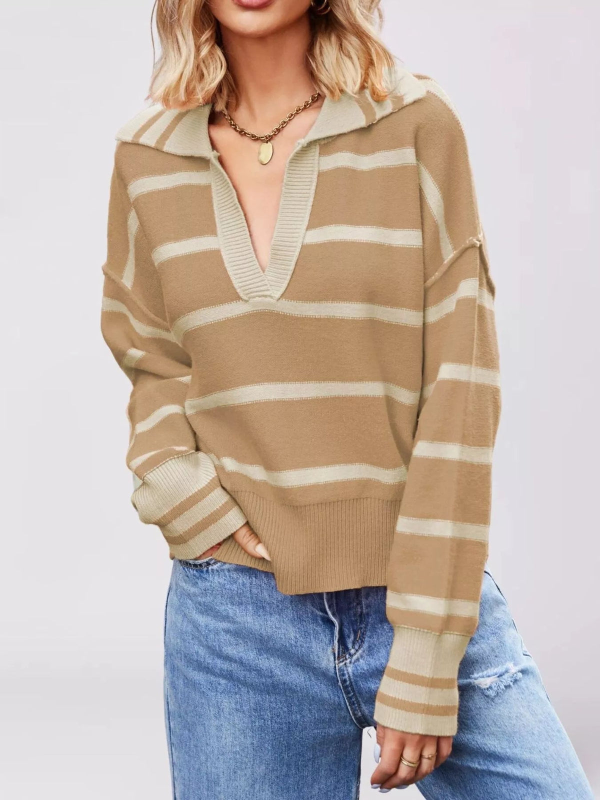 Striped Johnny Collar Dropped Shoulder Sweater - TheMomCo.