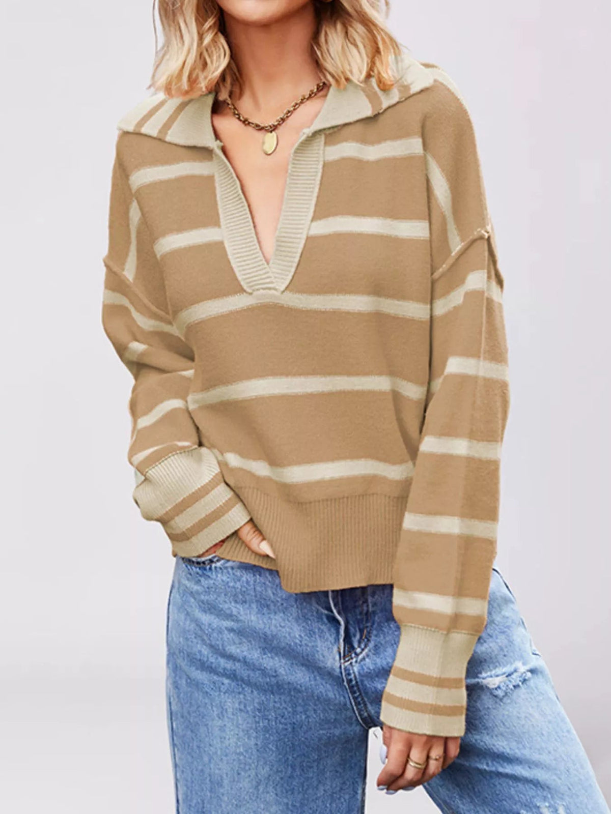 Striped Johnny Collar Dropped Shoulder Sweater - TheMomCo.