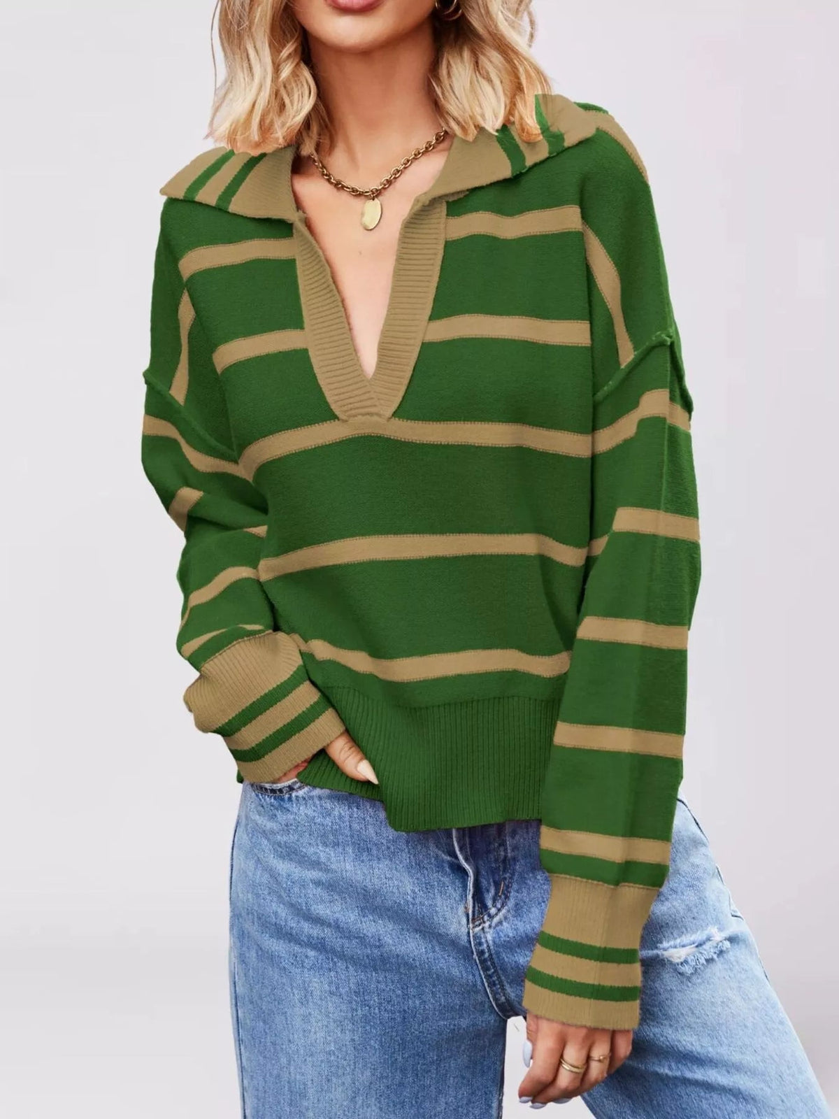 Striped Johnny Collar Dropped Shoulder Sweater - TheMomCo.