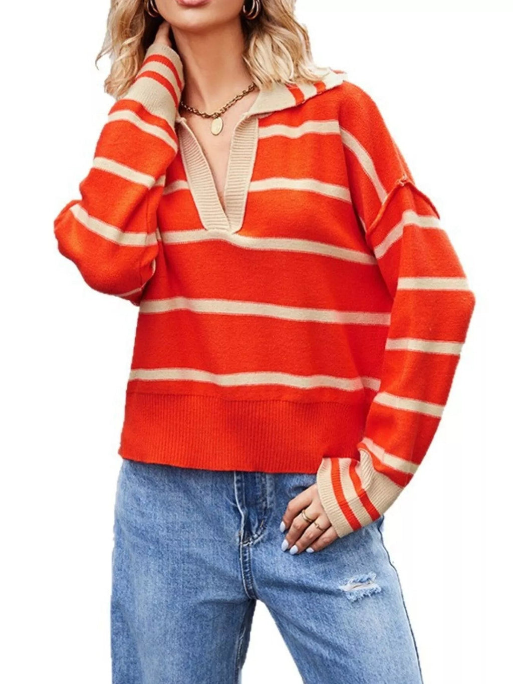 Striped Johnny Collar Dropped Shoulder Sweater - TheMomCo.